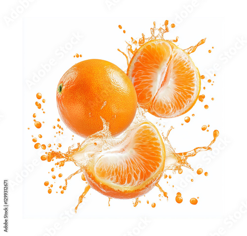Tangerine with slices and juice splash