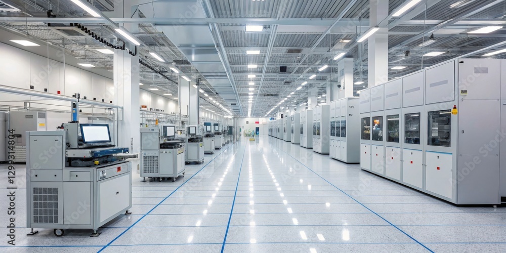 High-tech clean room with advanced machinery for semiconductor manufacturing at modern facility
