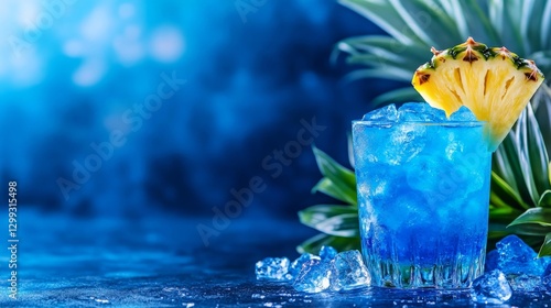 Chilled Blue Lagoon cocktail with crushed ice and pineapple slice on tropical backdrop. Generative AI photo