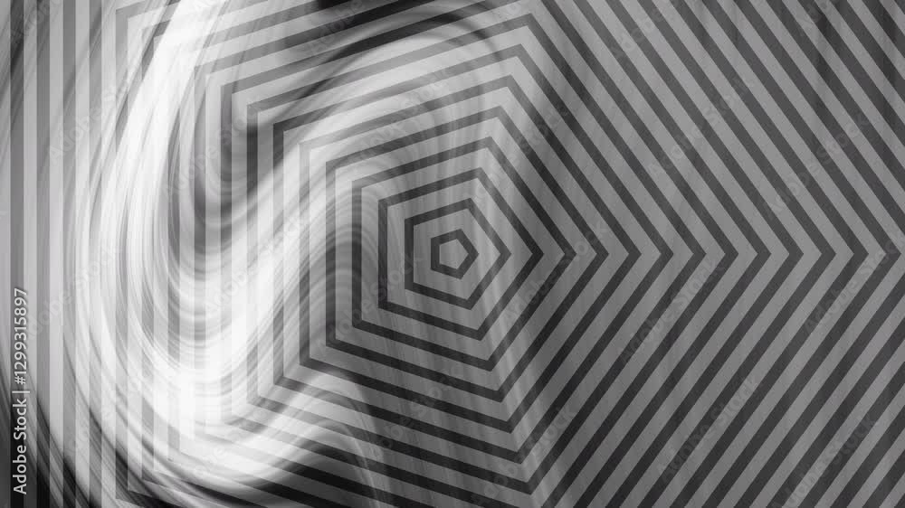 Gray hexagonal patterns merge with swirling white lines, creating a modern geometric design. Ideal for backgrounds, abstract art, or tech concepts.