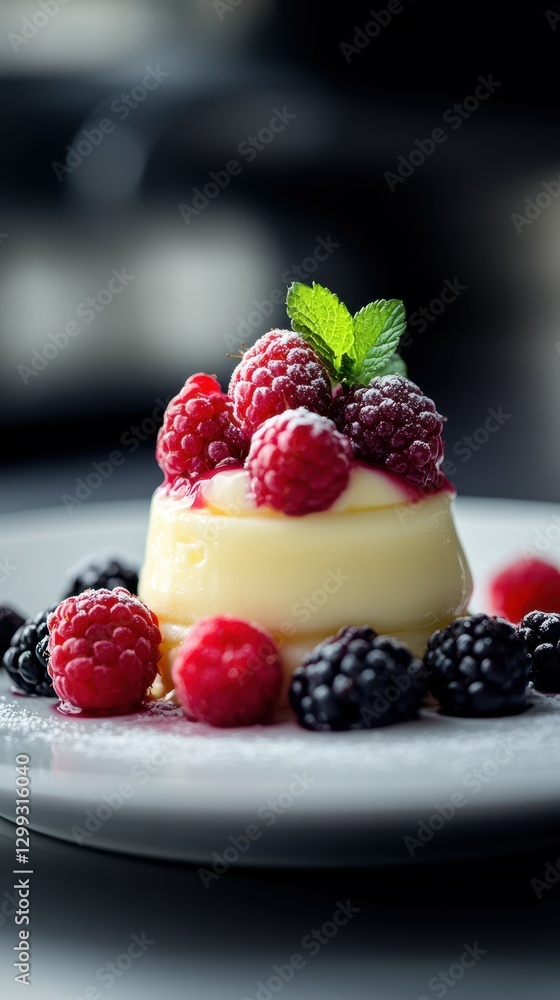 Delightful dessert with fresh raspberries and blackberries served on a white plate in an elegant setting Delightful dessert with fresh raspberries and blackberries served on a white plate in an elegant setting
