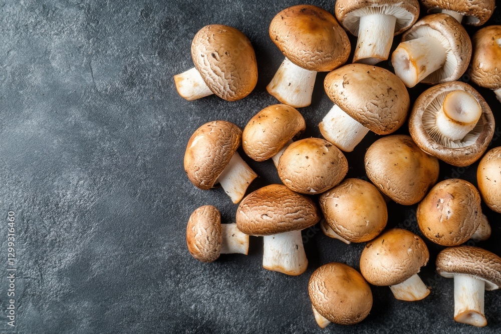 Fototapeta premium Delicious brown mushrooms scattered over a dark rough textured surface