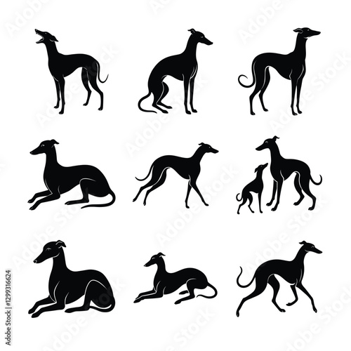 Nine black greyhound dog silhouettes in various standing, sitting, and running poses, isolated on white background