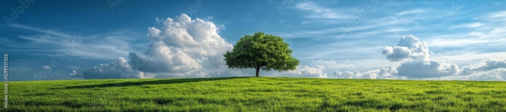 Fototapeta premium Vibrant Green Fields with a Tree and Dramatic Cloudy Sky Above. Generative AI
