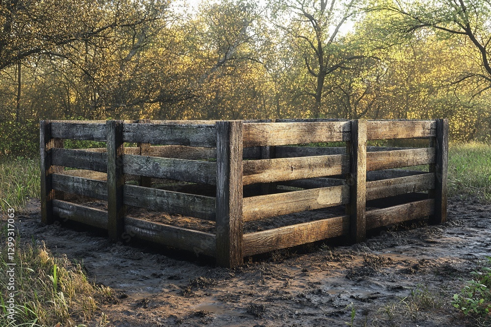 Wooden pen in muddy field, forest background, sunrise Wooden pen in muddy field, forest background, sunrise