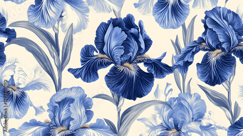 Blue and white floral pattern with iris flowers
