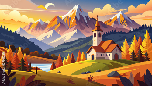 Iconic picture of Bavaria with Maria Gern church with Hochkalter peak on background. Fantastic autumn sunrise in Alps. Superb evening landscape of Germany countryside. Traveling concept background.