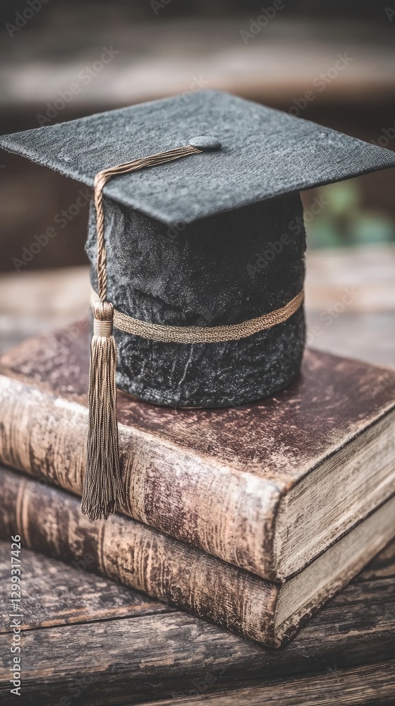 Graduation cap on old books, outdoors, knowledge, education, achievement Graduation cap on old books, outdoors, knowledge, education, achievement