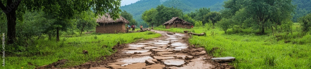 Muddy Rural Road with Cracked Earth and Villagers in a Green Forest. Generative AI Muddy Rural Road with Cracked Earth and Villagers in a Green Forest. Generative AI