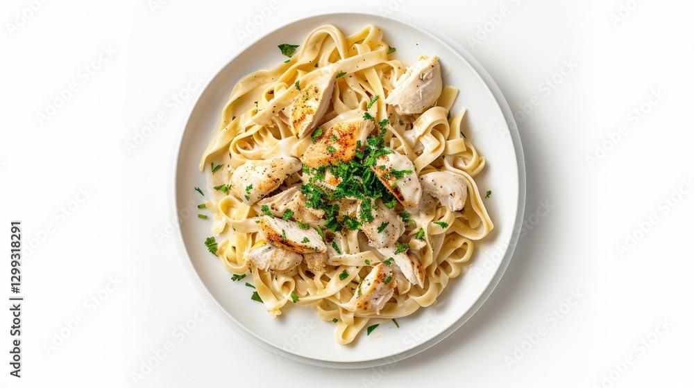 Creamy chicken fettuccine alfredo with parsley garnish on white plate Creamy chicken fettuccine alfredo with parsley garnish on white plate