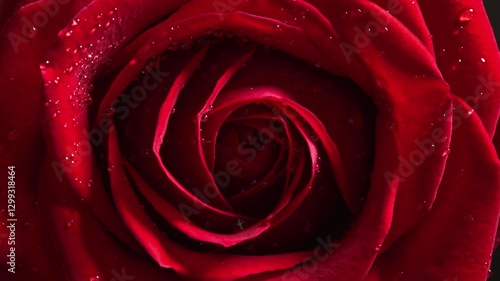 Red rose with water droplets on petals illuminated by sunlight. Top view of a large red rose bud spinning around its center. Floral aroma as feelings of love, luxury, self-care and care for loved ones