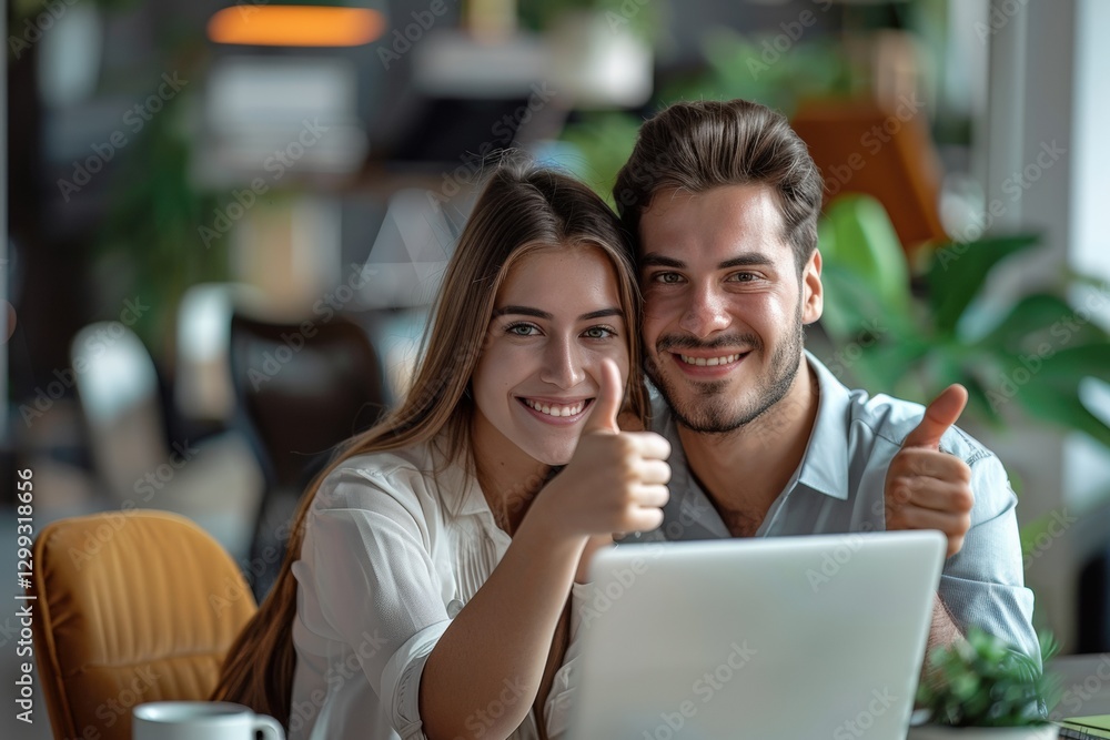 Caucasian young couple smiling and giving thumbs up at laptop in office setting Caucasian young couple smiling and giving thumbs up at laptop in office setting