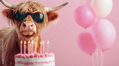 HIghland cow wearing sunglasses, sitting by a birthday cake. Happy birthday party graphic banner with copyspace