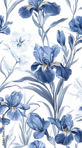 Blue and white floral pattern with iris flowers
