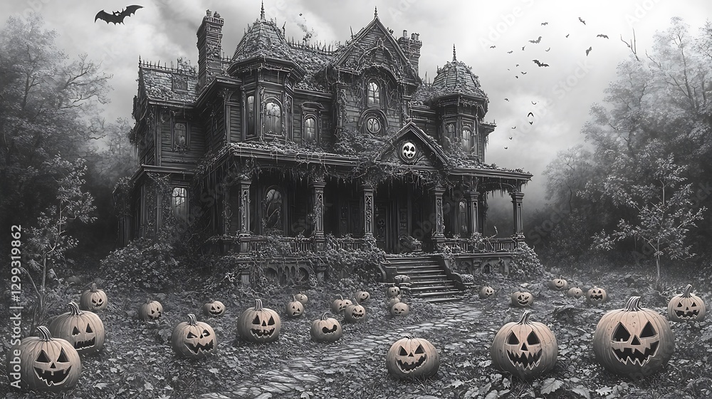 Naklejka premium Halloween coloring page haunted house high resolution hd photo