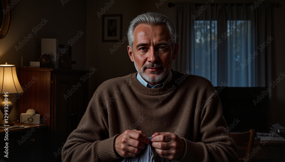 Elderly man with white hair knitting a scarf in a dimly lit room, nostalgic atmosphere Elderly man with white hair knitting a scarf in a dimly lit room, nostalgic atmosphere
