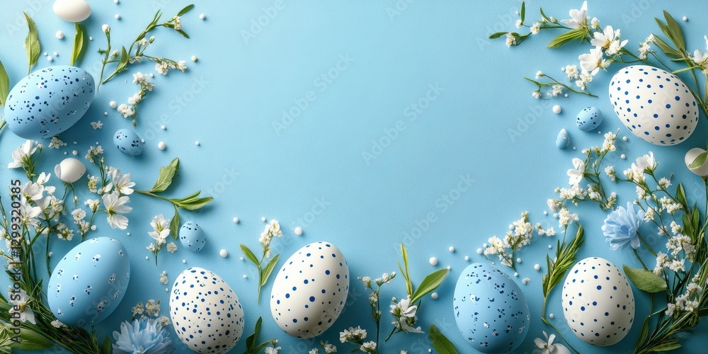 Fototapeta premium Decorative blue Easter eggs surrounded by fresh flowers on a light background ideal for spring celebrations