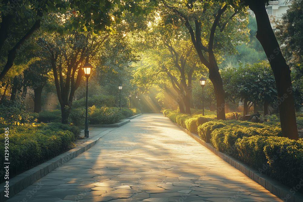 Obraz premium Winding path through a lush green park bathed in golden morning light