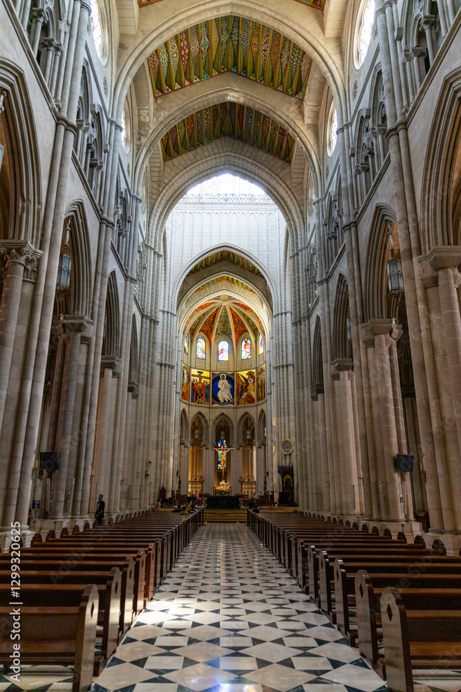 Fototapeta premium Almudena Cathedral in Madrid, a stunning blend of neoclassical, Gothic, and Romanesque styles. A sacred landmark with breathtaking interiors, a grand dome, and a rich royal history.