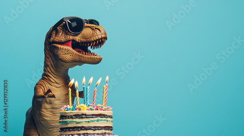 Tyrannosaurs Rex (T Rex) dinosaur wearing sunglasses, sitting by a birthday cake. Happy birthday party graphic banner with copyspace