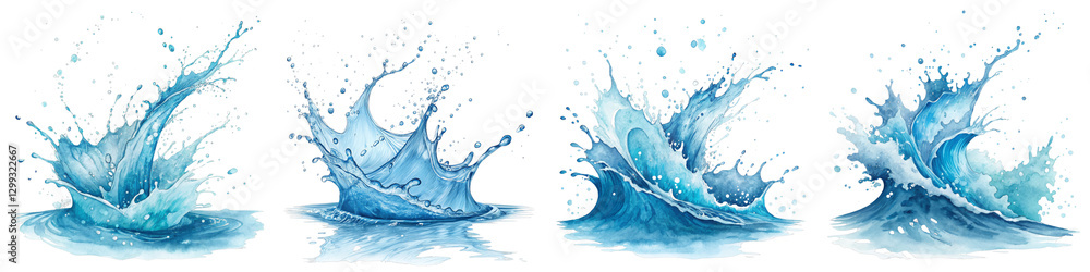 Obraz premium Four Blue Water Splashes, Digital Painting, Isolated on Transparent Background, Water Splash Illustration, Water, Splash, Texture