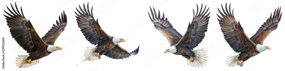 Fototapeta premium Four Bald Eagles in Flight, Digital Painting, Isolated on Transparent Background, Wildlife Art, Bald Eagle, Bird, Raptor