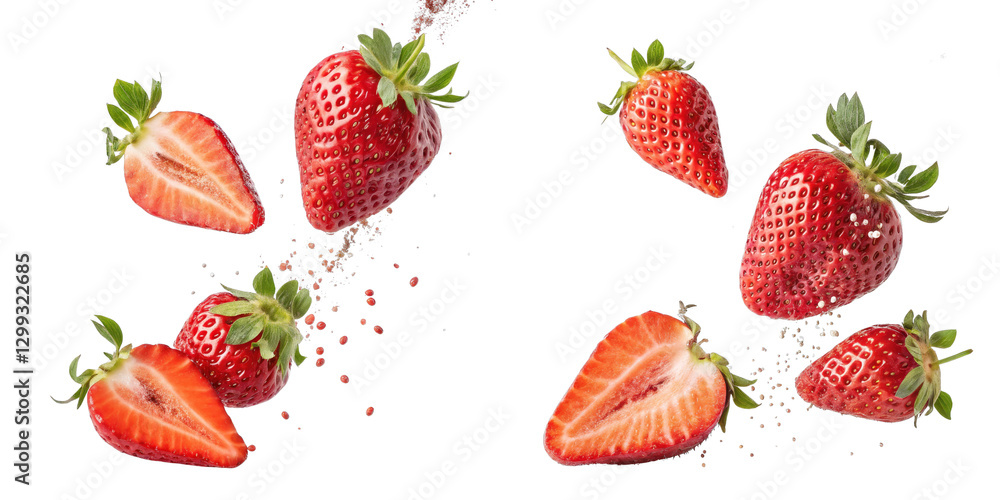 Flying Strawberries Composition Multiple Ripe Strawberries with Splash Isolated on Transparent Background, strawberry, fruit, food Flying Strawberries Composition Multiple Ripe Strawberries with Splash Isolated on Transparent Background, strawberry, fruit, food