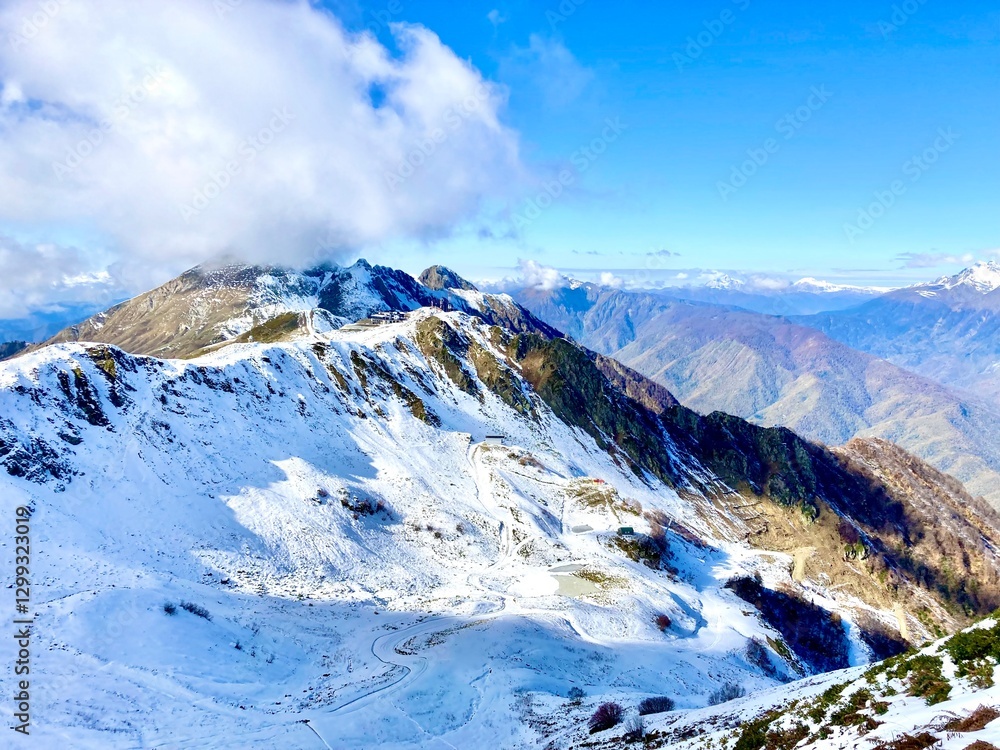 Obraz premium Mountain landscape, ski resort Krasnaya Polyana in Sochi. Caucasus mountains landscapes, Sochi, Russia