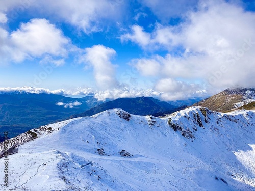 Mountain landscape, ski resort Krasnaya Polyana in Sochi. Caucasus mountains landscapes, Sochi, Russia