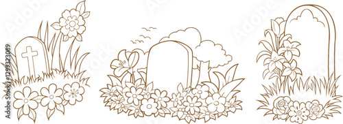 Elegant Grave and Botanical Flowers Line Art Vector Design for Books