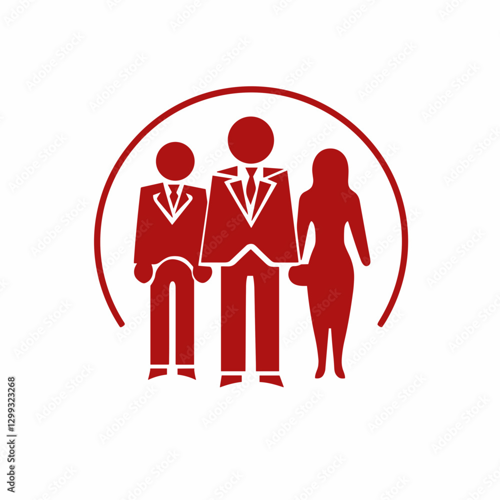 Red business team icon with three professionals in a circle Red business team icon with three professionals in a circle