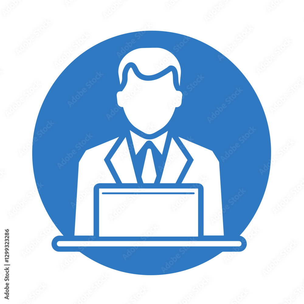 Businessperson working on a laptop icon in blue circle Businessperson working on a laptop icon in blue circle
