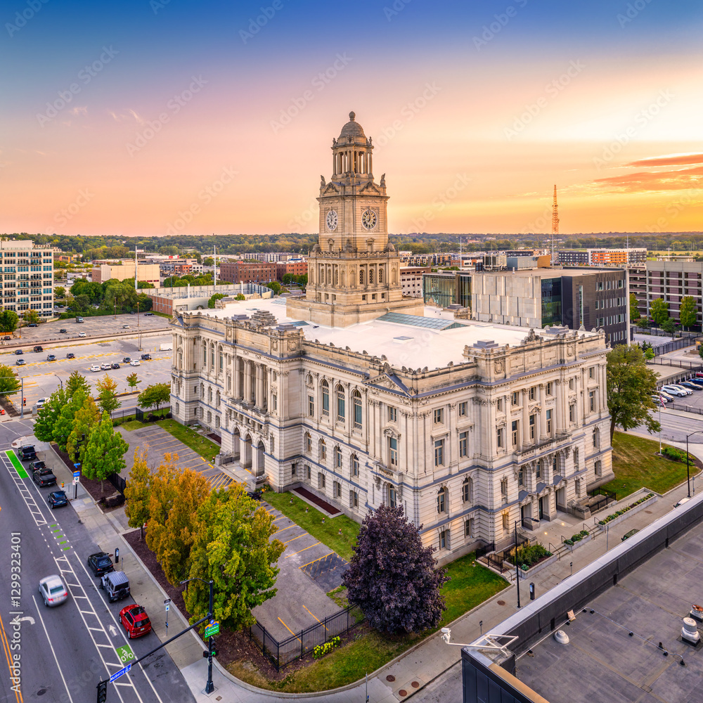 Aerial view of Polk County courthouse, in Des Moines, Iowa at sunset. The Polk County Courthouse was built in 1906