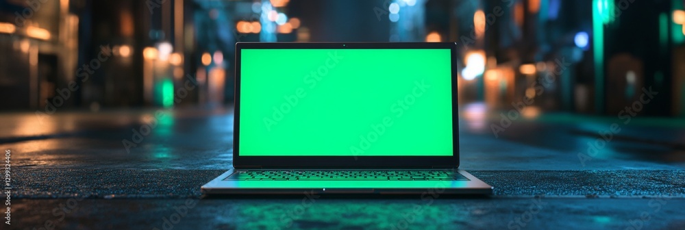 Laptop Computer with Green Screen Display on Concrete Surface in Empty Neon-Lit City Street