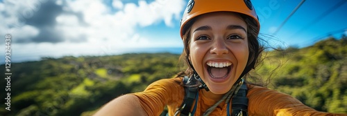 Thrilling Adventure Young Woman s Joyful Selfie During Zip Line Ride Through Lush Rainforest Canopy photo