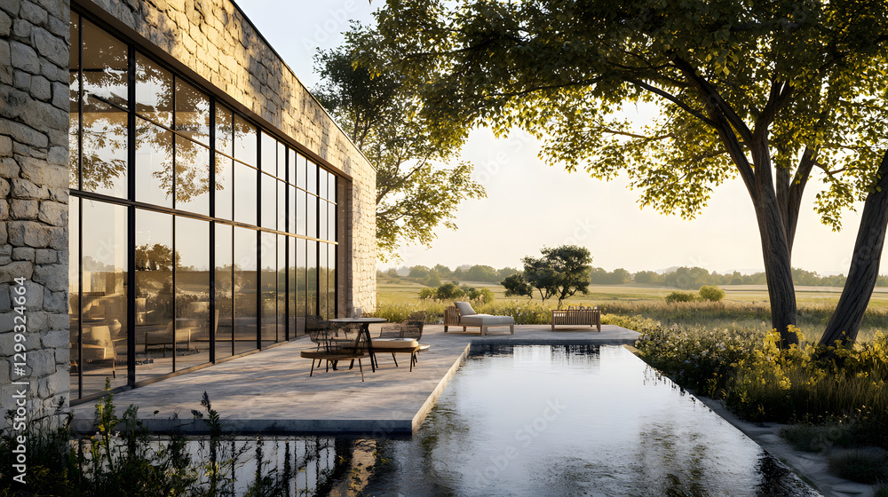 Fototapeta premium Modern minimalist villa, a two-story building with large glass windows and black steel frames 
