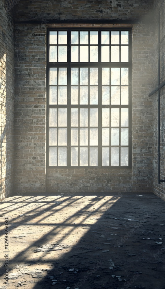Interior view featuring a large window and brick walls casting shadows Interior view featuring a large window and brick walls casting shadows