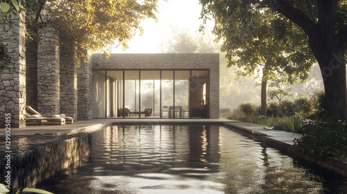 Modern minimalist villa, a two-story building with large glass windows and black steel frames
