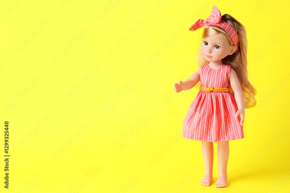 Beautiful doll in dress and headband on yellow background. Space for text Beautiful doll in dress and headband on yellow background. Space for text