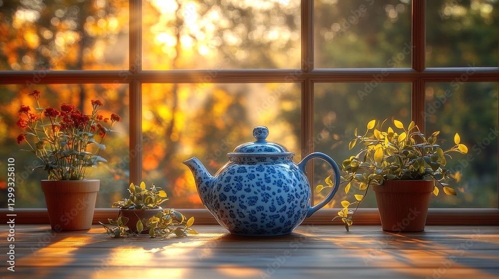Obraz premium Autumn window scene with teapot and plants