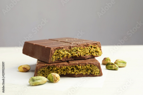 Canvas Print Pieces of tasty Dubai chocolate with pistachios and knafeh on white wooden table