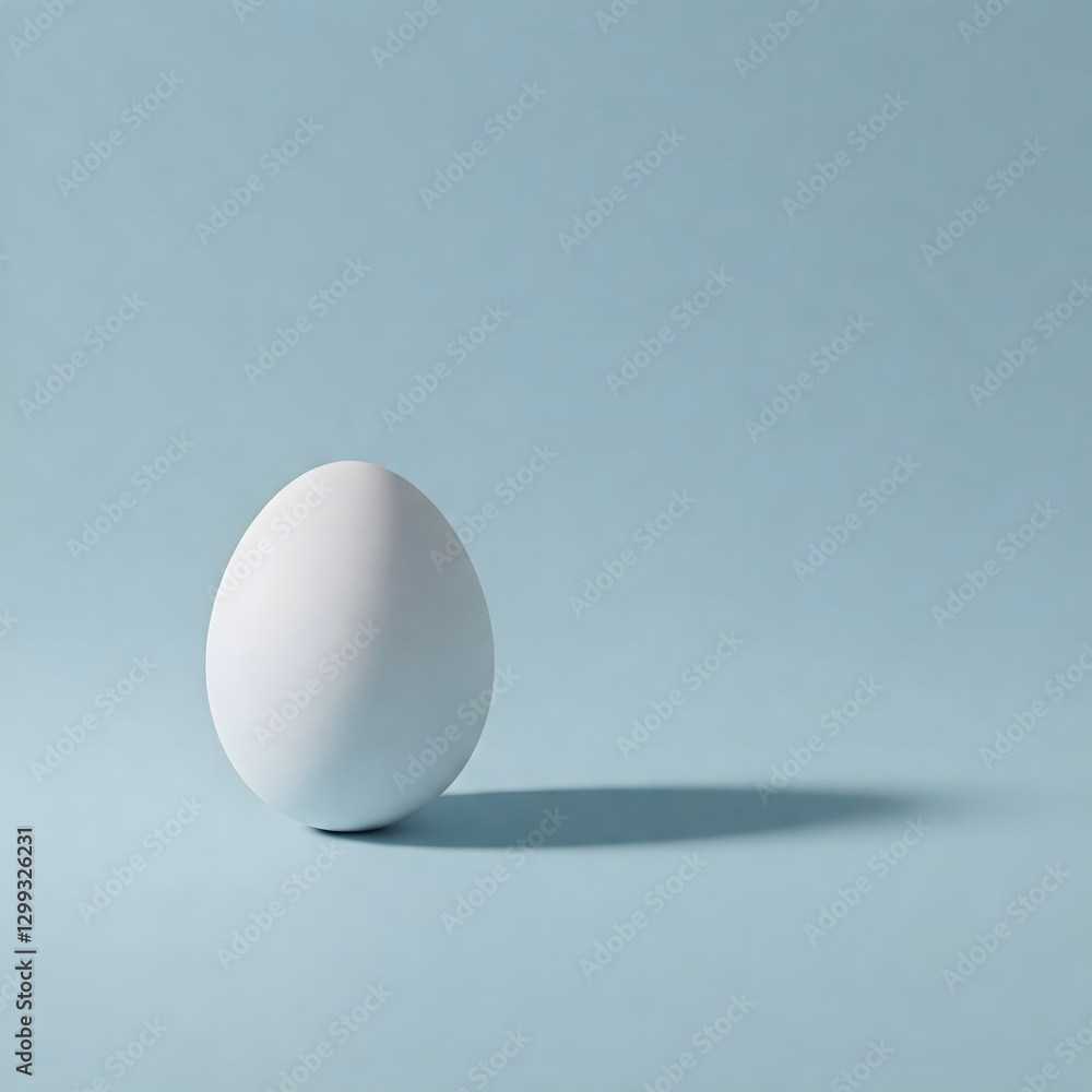A single white egg stands upright on a light blue surface, casting a shadow to the right. Generative AI A single white egg stands upright on a light blue surface, casting a shadow to the right. Generative AI