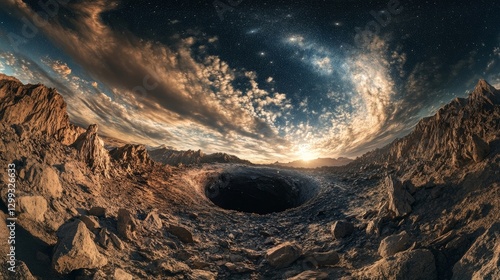 meteor impact creating a crater with ejected debris scattered around and a star-filled sky above