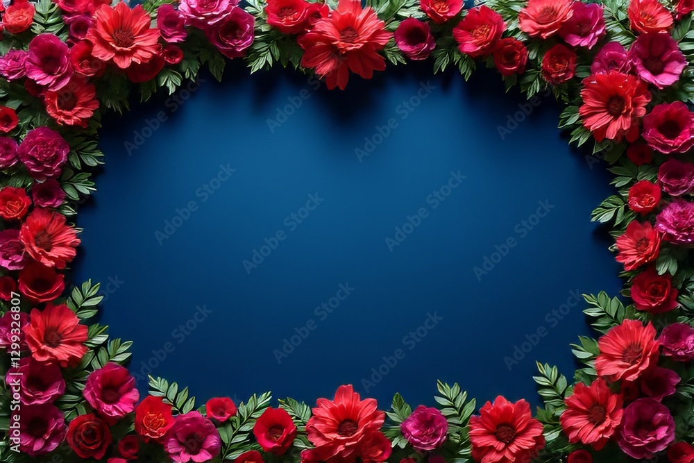Vibrant Red and Pink Flowers Frame on Deep Blue Background Vibrant Red and Pink Flowers Frame on Deep Blue Background