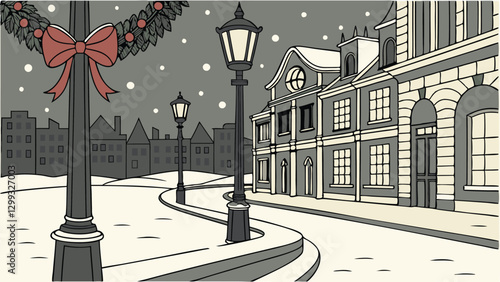 Victorian Christmas street background with vintage lampposts wrapped in festive garlands, red ribbons, cobblestone roads covered in soft snow, warmly lit buildings, and peaceful winter holiday