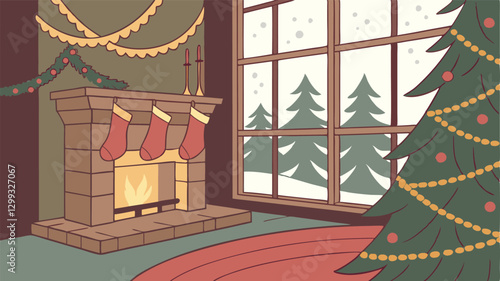 Cozy Christmas fireplace background with stockings hanging on the mantel, twinkling fairy lights, beautifully decorated Christmas tree, and frost-covered window showing snowy winter forest outside