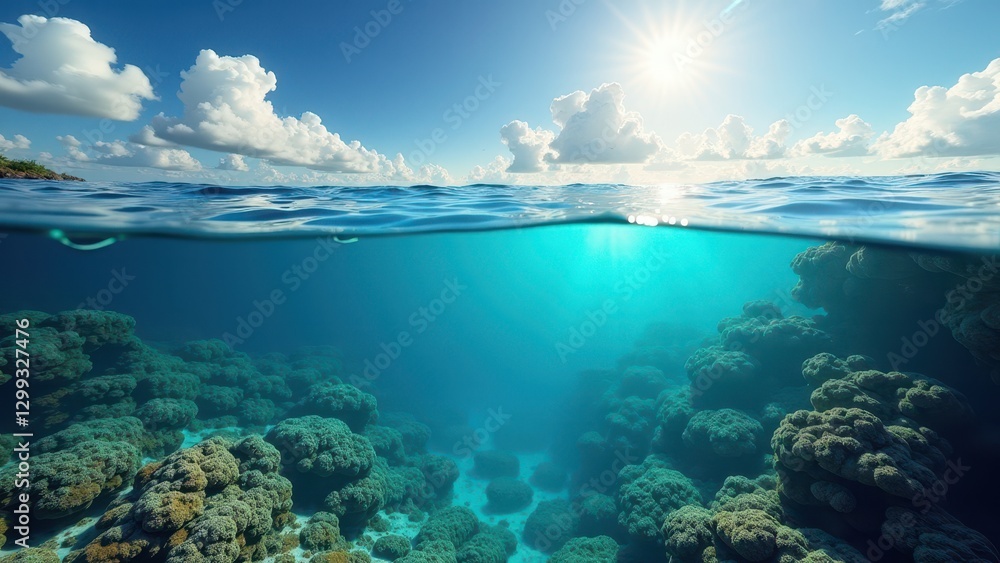 Obraz premium A view of a cAerial view of a shallow coral reef affected by bleaching in clear tropical waters oral reef with a bird flying overhead