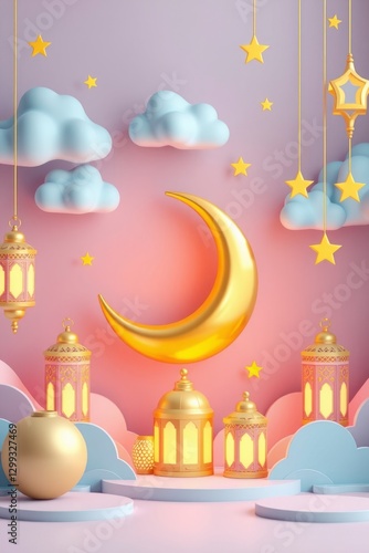 Ramadan Festive Background Golden Moon Lanterns Stars
