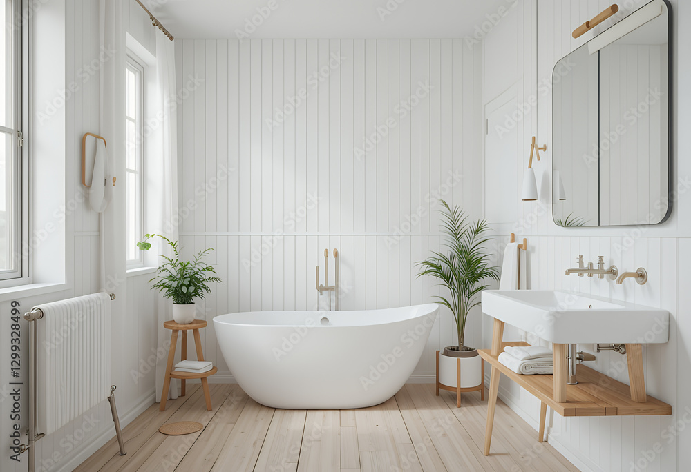 Fototapeta premium Scandi style bathroom with white walls and wooden elements, a bathtub with a wooden plant stand