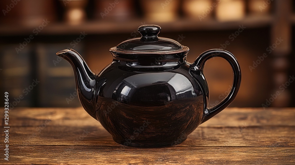 Black Teapot on Wooden Table in Antique Shop Black Teapot on Wooden Table in Antique Shop